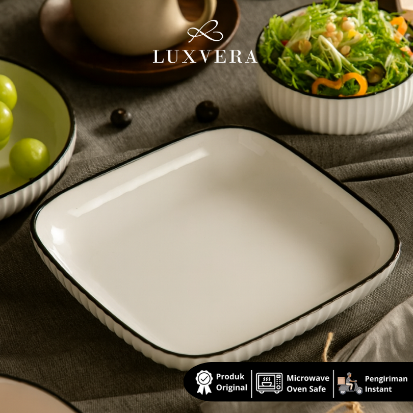 Luxvera Piring Keramik Kotak 8 Inch Paris White - Elegan & Fungsional untuk Dinner Plate, Salad, Dessert, Piring Buah, Hotel, Restaurant, Cafe, Prasmanan & Peralatan Makan Set yang Elegan dan Fungsional