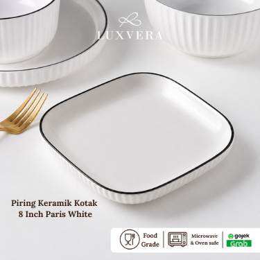 Luxvera Piring Keramik Kotak 8 Inch Paris White - Elegan & Fungsional untuk Dinner Plate, Salad, Dessert, Piring Buah, Hotel, Restaurant, Cafe, Prasmanan & Peralatan Makan Set yang Elegan dan Fungsional