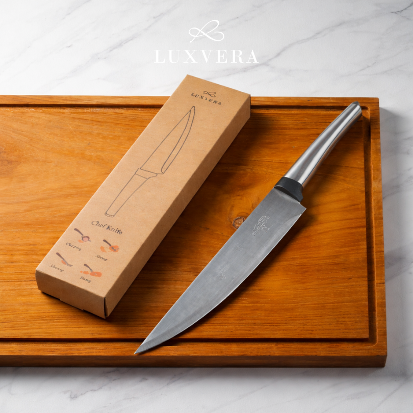 Luxvera Pisau Dapur Tajam 8 Inch - Pisau Daging Premium, Stainless Steel Anti Karat, Pegangan Nyaman & Kokoh, Chef Knife Serbaguna untuk Daging, Buah, Sayur ? Pisau Koki Berkualitas & Stylish - Gambar 4