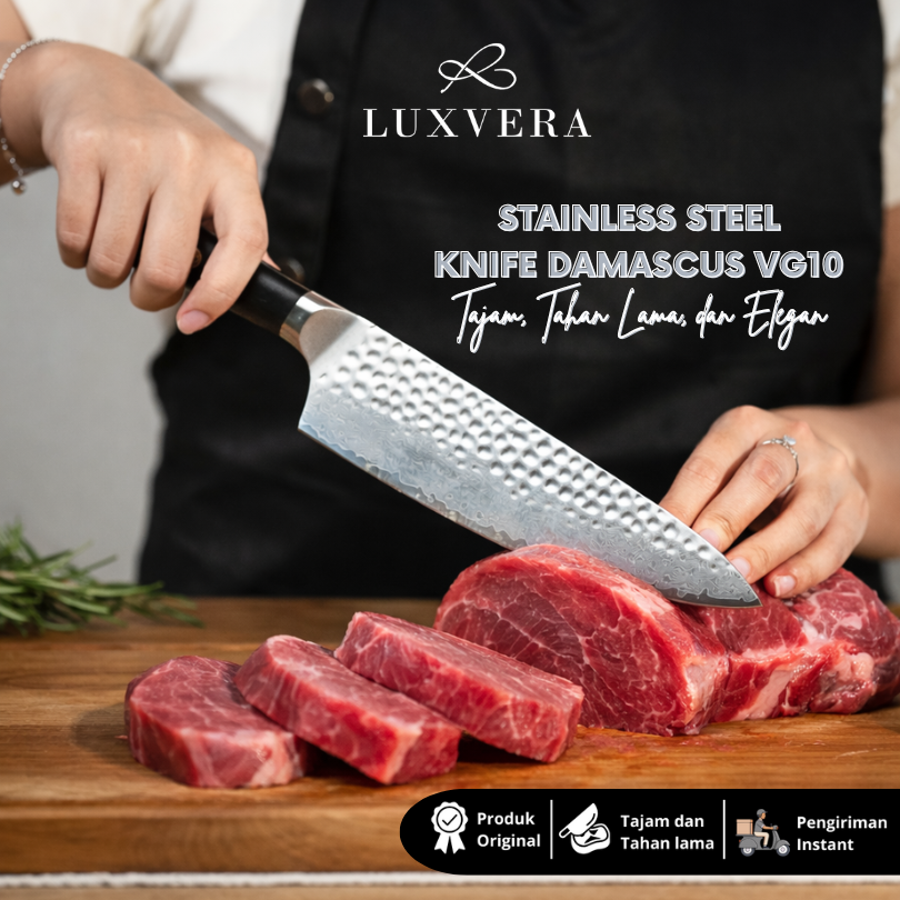 Luxvera Pisau Damascus Premium – Chef Knife Koki Profesional, Tajam, Anti Karat, Full Tang, Cocok untuk Pisau Daging, Sayur, Buah – Pisau Berkualitas Tinggi