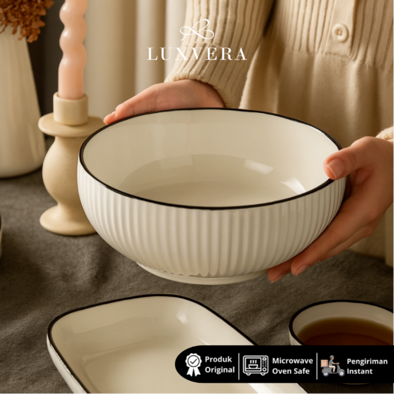 Luxora Mangkok Salad Keramik 8 Inch Paris White - Bowl Premium, Cocok untuk Sup, Sayur, Mie, Salad, Peralatan Makan Elegan, Cafe & Resto, Hampers & Hadiah