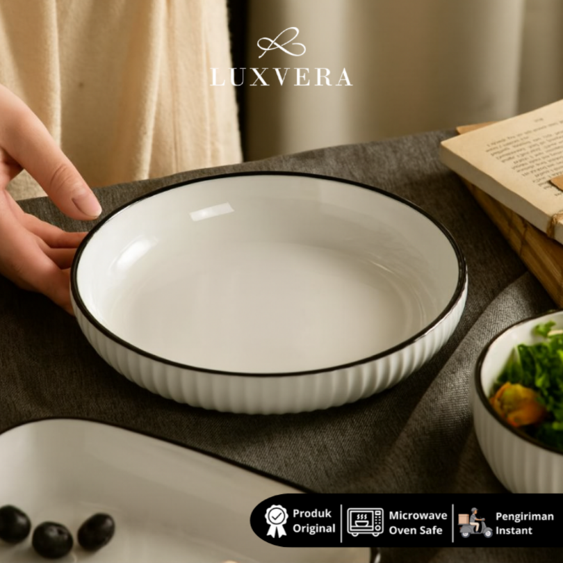 Luxvora Piring Makan Keramik 7.5 inch Paris White - Piring Bulan Keramik Rice Plate Piring Makan, Peralatan Makan Set untuk Restaurant, Cafe, dan Kebutuhan Prasmanan | Desain Modern dan Fungsional