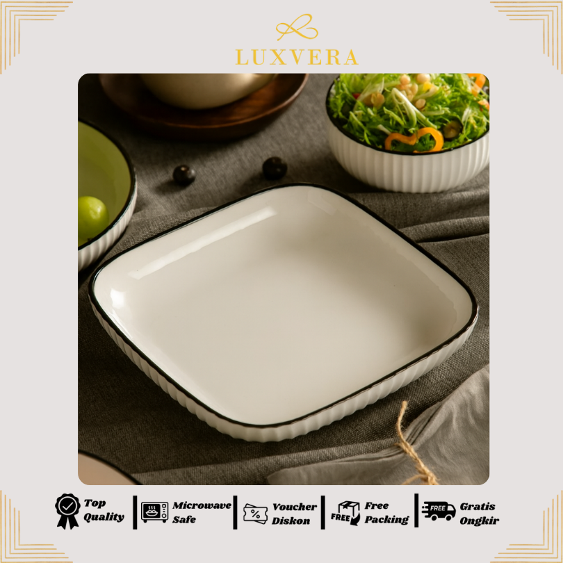 Luxvera Piring Keramik Kotak 8 Inch Paris White - Elegan & Fungsional untuk Dinner Plate, Salad, Dessert, Piring Buah, Hotel, Restaurant, Cafe, Prasmanan & Peralatan Makan Set yang Elegan dan Fungsional