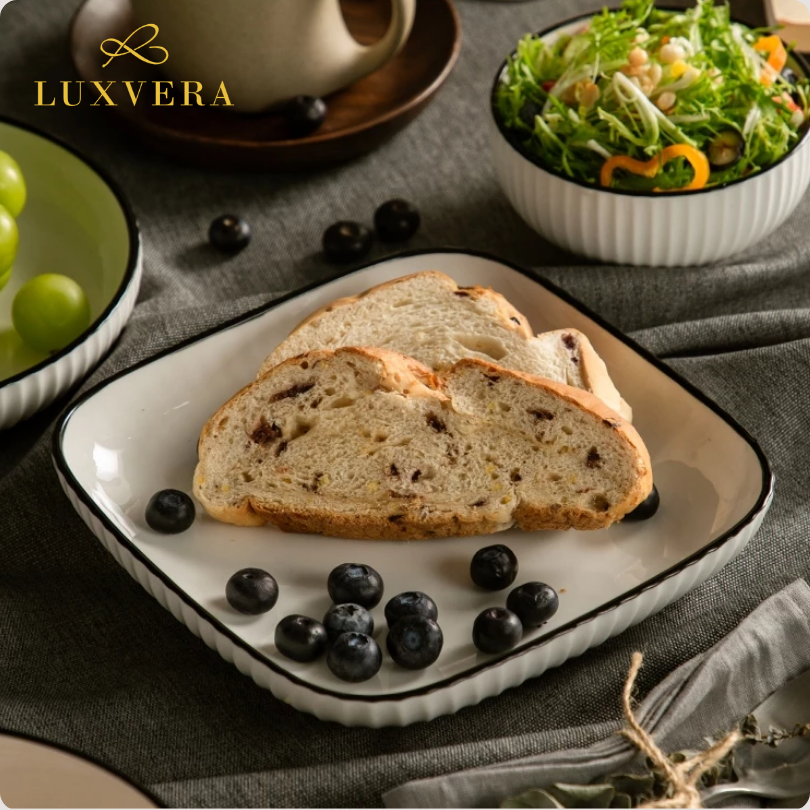 Luxvera Piring Keramik Kotak 8 Inch Paris White - Elegan & Fungsional untuk Dinner Plate, Salad, Dessert, Piring Buah, Hotel, Restaurant, Cafe, Prasmanan & Peralatan Makan Set yang Elegan dan Fungsional - Gambar 2