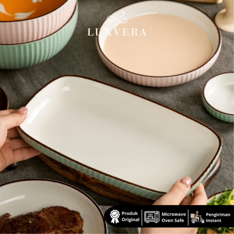 Luxora Piring Saji Ikan 10 inch Paris Pink Green - Ceramic Fish Plate Rectangle, Fish Tray untuk Restoran Fine Dining, Cafe, dan Hotel | Hidangan Ikan Elegan untuk Acara Prasmanan dan Makan Formal