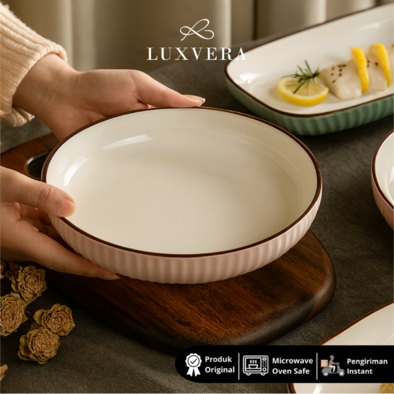 Luxora Piring Makan Keramik 7.5 inch Paris Pink Green - Piring Bulan Keramik Rice Plate Piring Makan, Peralatan Makan Set untuk Restaurant, Cafe, dan Prasmanan | Warna Unik untuk Dinner Plate Modern