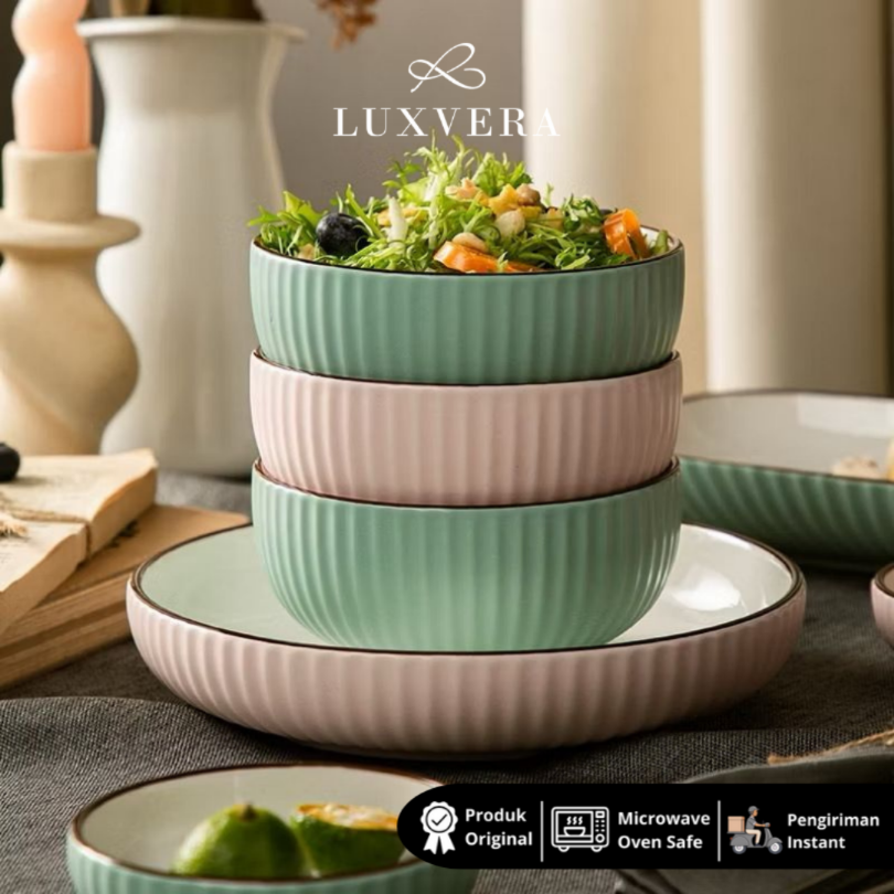 Luxora Mangkok Nasi Kuah Keramik 4.75 Inch - Paris Pink & Green Ceramic Bowl, Cocok untuk Sup, Kuah, Nasi, Cafe Resto, Peralatan Makan Elegan, Hampers & Kado