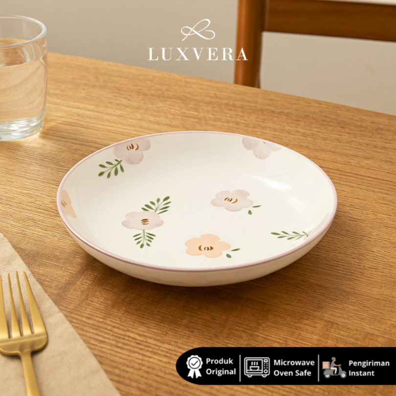 Luxora Piring Makan Keramik 8 inch Tiana - Piring Bulan Keramik Rice Plate Piring Makan, Peralatan Makan Restaurant, Cafe, dan Hotel | Ideal untuk Plate Set Harian dan Acara Prasmanan yang Special