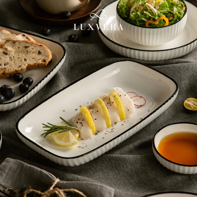 Luxora Piring Saji Ikan 10 inch Paris White - Ceramic Fish Plate Rectangle, Fish Tray untuk Restoran Fine Dining, Cafe, dan Hotel | Cocok untuk Hidangan Ikan di Acara Prasmanan dan Makan Malam Formal - Gambar 2
