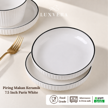 Luxvora Piring Makan Keramik 7.5 inch Paris White - Piring Bulan Keramik Rice Plate Piring Makan, Peralatan Makan Set untuk Restaurant, Cafe, dan Kebutuhan Prasmanan | Desain Modern dan Fungsional