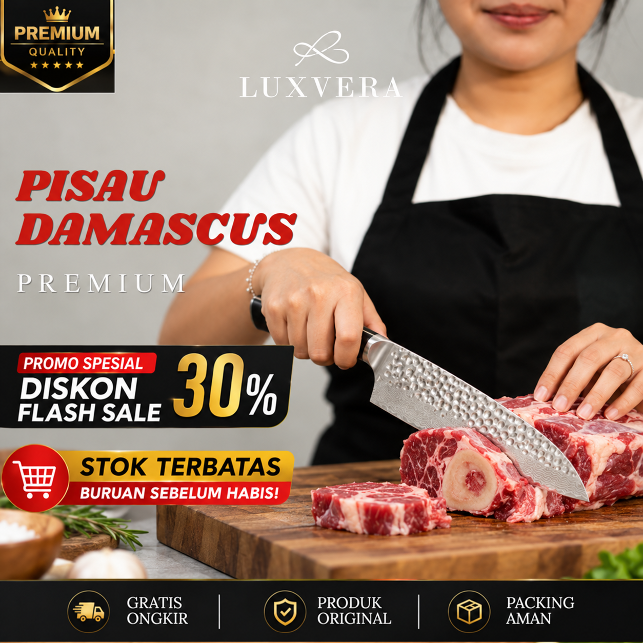 Pisau dapur Damascus Luxvera untuk memotong daging
