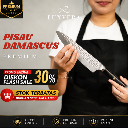 Luxvera Pisau Damascus Premium – Chef Knife Koki Profesional, Tajam, Anti Karat, Full Tang, Cocok untuk Pisau Daging, Sayur, Buah – Pisau Berkualitas Tinggi
