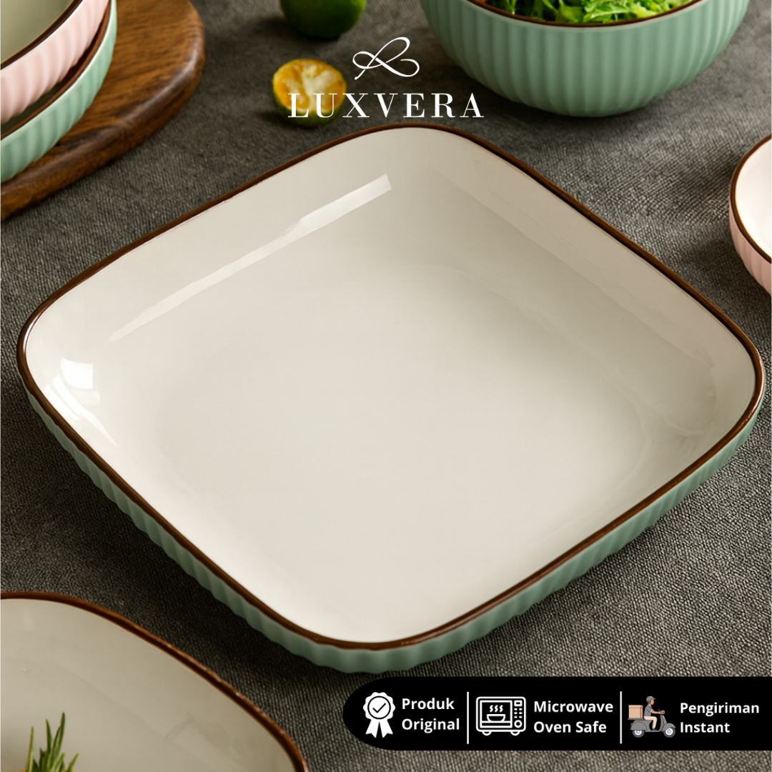 Luxora Piring Keramik Kotak 8 inch Paris Pink Green - Square Ceramic Plate untuk Dinner, Salad, Dessert, Piring Buah | Plate Set untuk Hotel, Restaurant, dan Kebutuhan Prasmanan yang Stylish