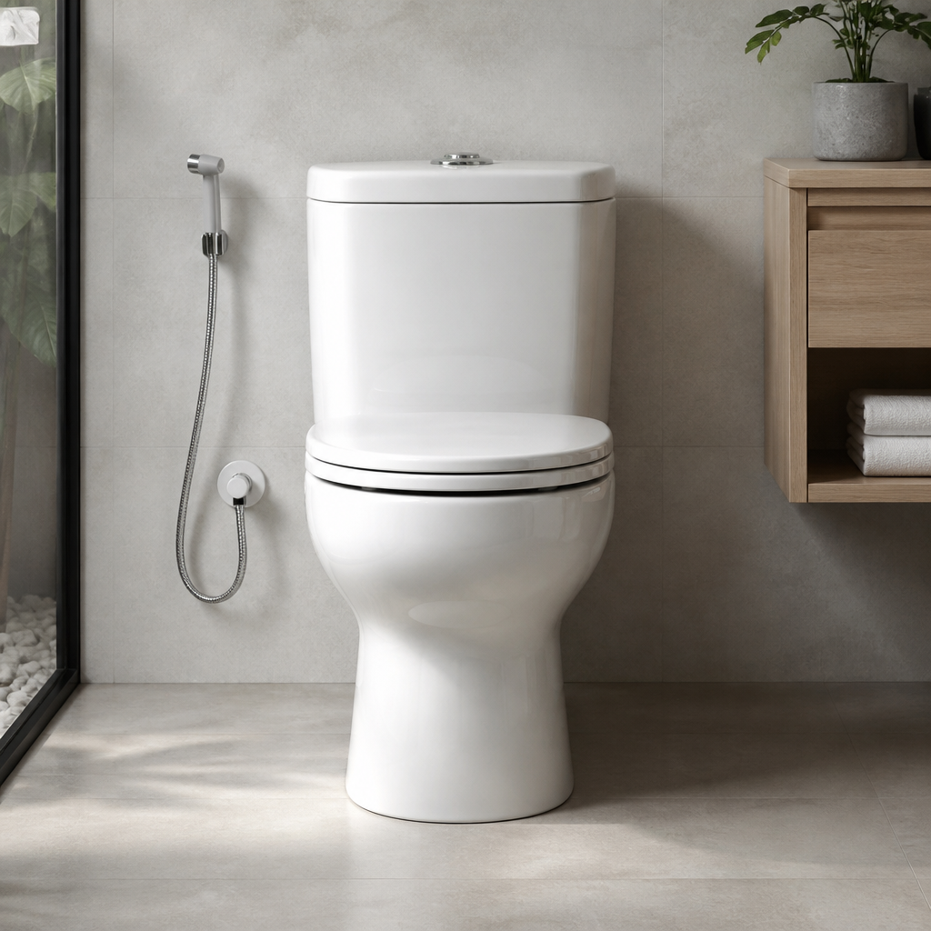 cara memakai tombol dual flush dalam suasana rumah yang rapi