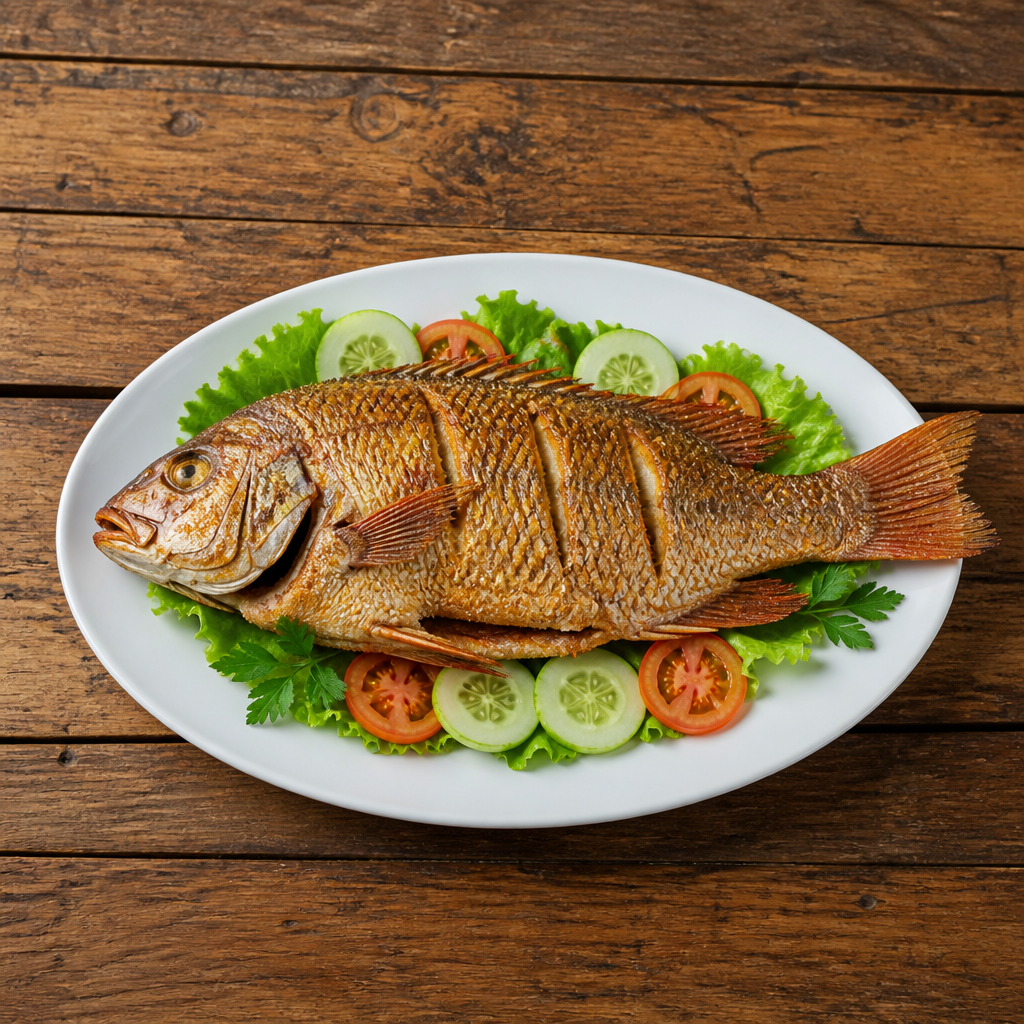cara menata ikan di piring saji oval dalam suasana rumah yang rapi