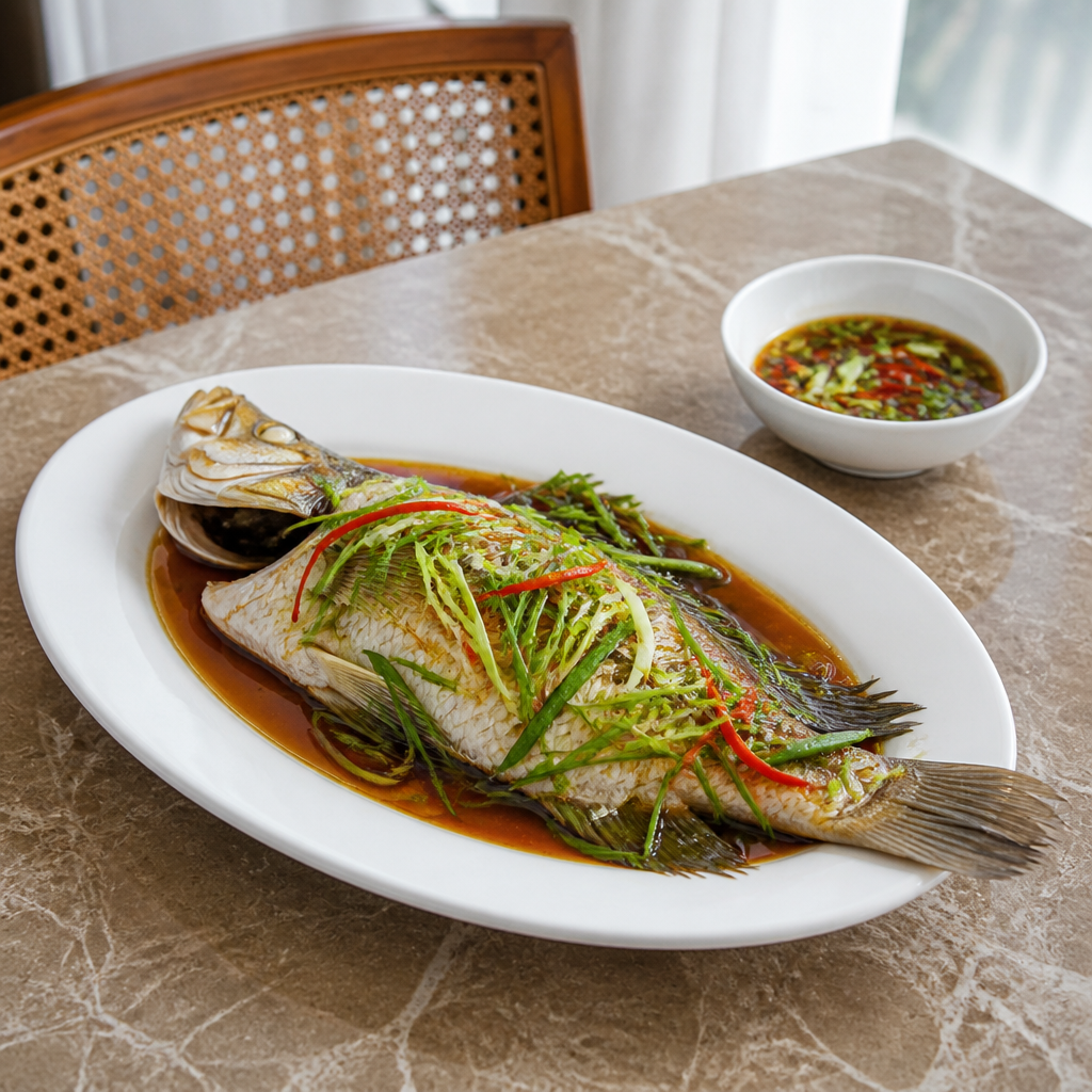 Penyajian ikan dan saus pada piring saji