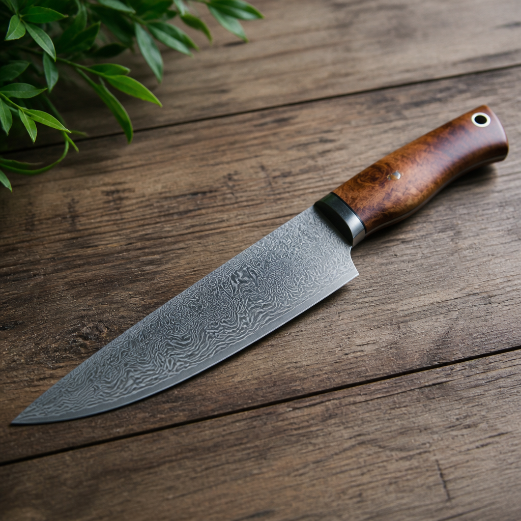 Detail pola bergelombang pada bilah pisau Damascus