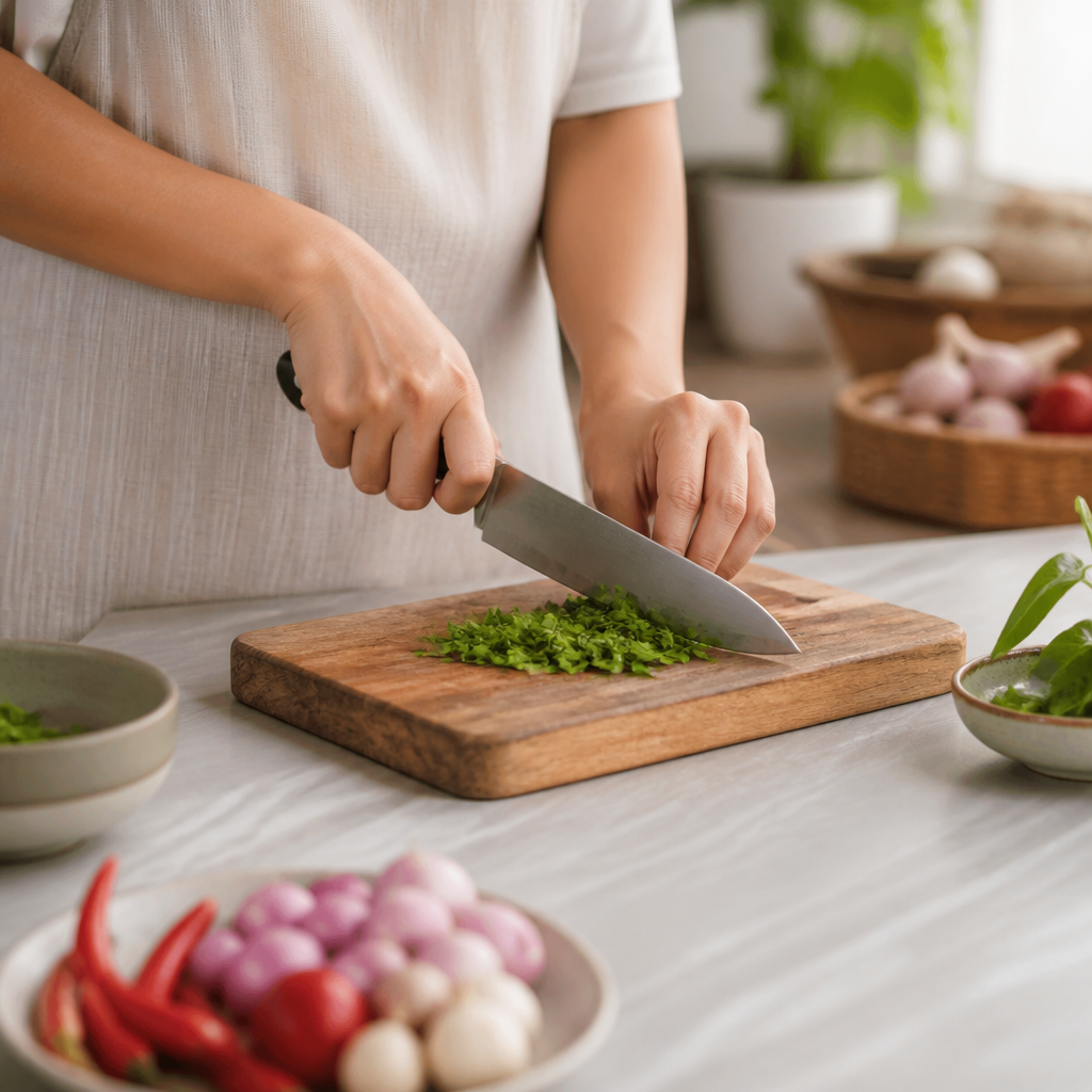Posisi tangan saat menggunakan chef knife untuk rocking cut