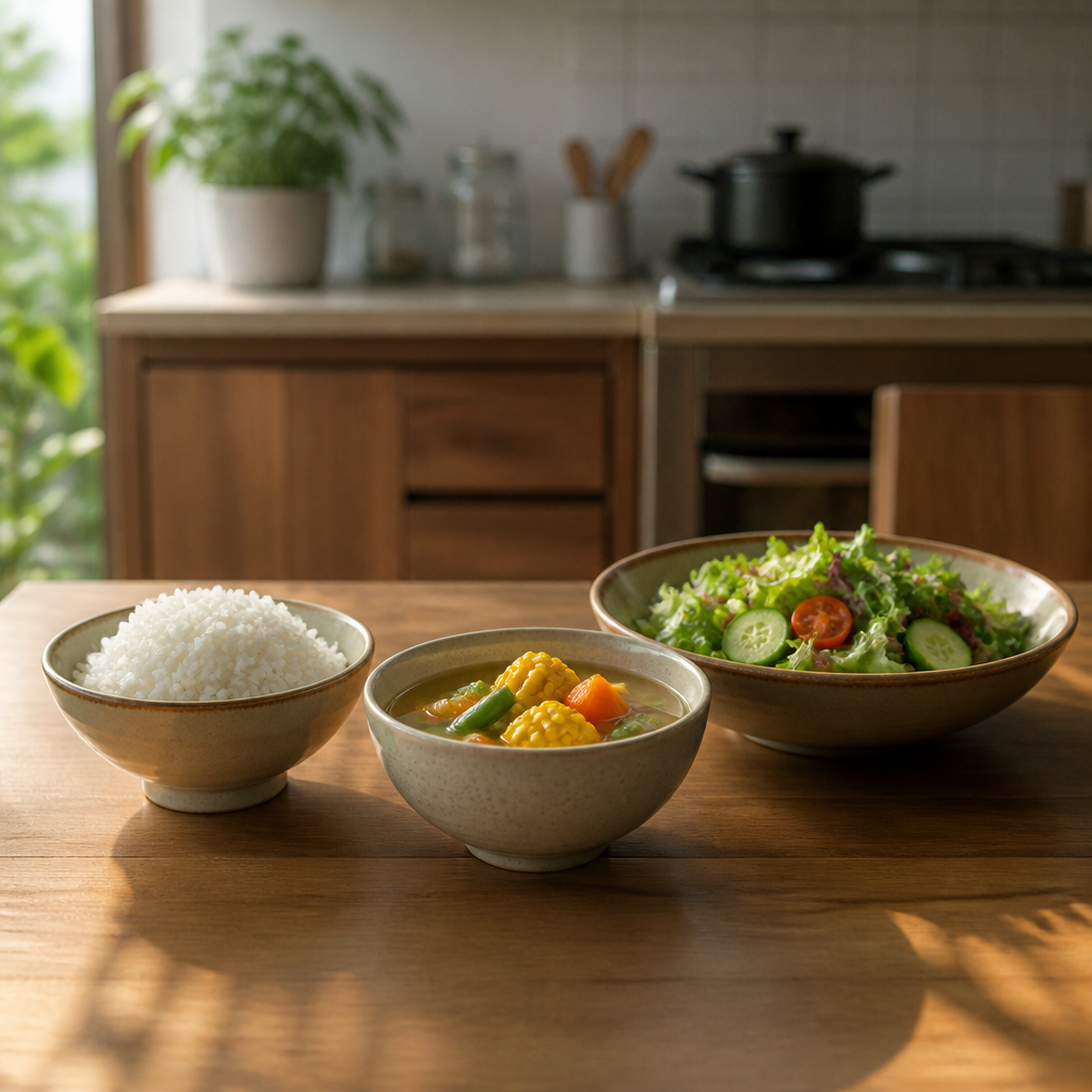 Perbedaan kedalaman mangkok nasi, sup, dan salad
