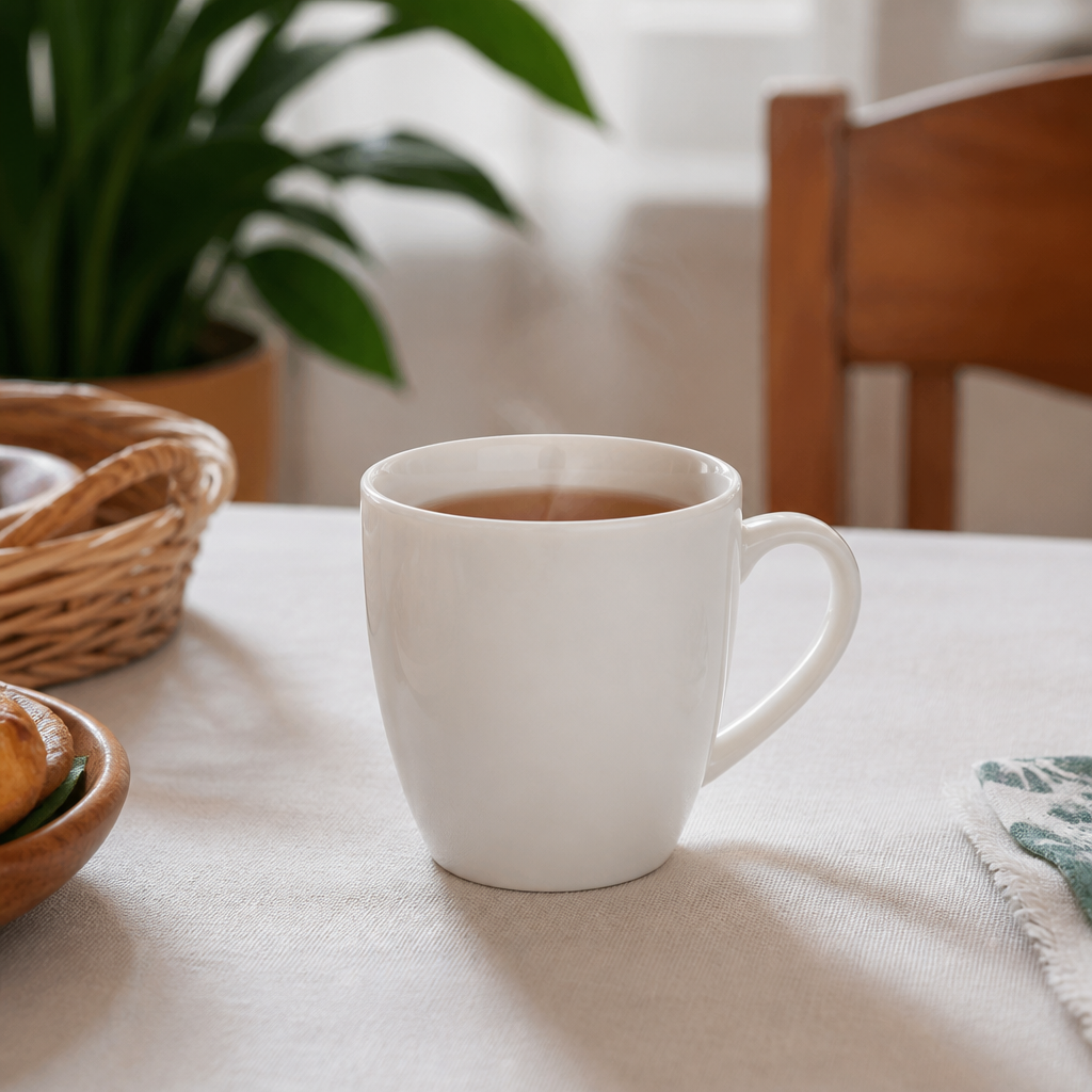 mug keramik untuk minuman panas dalam suasana rumah yang rapi