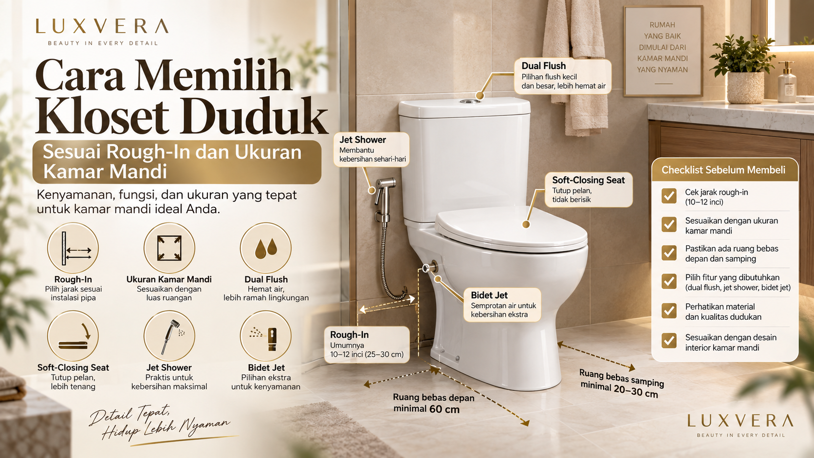 Panduan memilih kloset duduk sesuai rough-in, ukuran kamar mandi, ruang bebas, dual flush, soft-closing seat, jet shower, dan bidet jet.