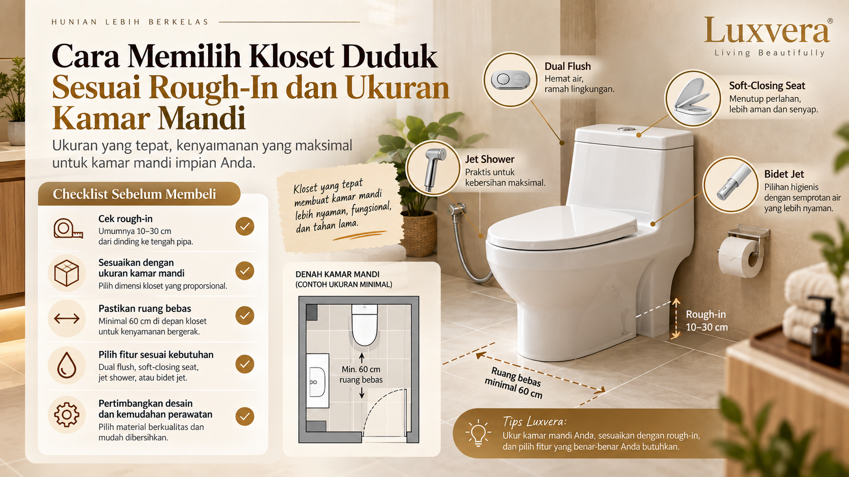 Infografis checklist sebelum membeli kloset duduk: rough-in, ukuran ruang, pintu, dual flush, soft-closing seat, jet shower, bidet jet, dan pemasangan.