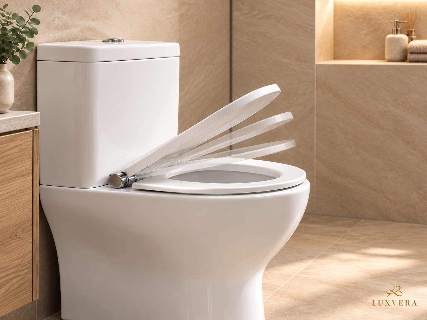 Mekanisme soft-closing seat closet Luxvera yang menutup perlahan di kamar mandi modern