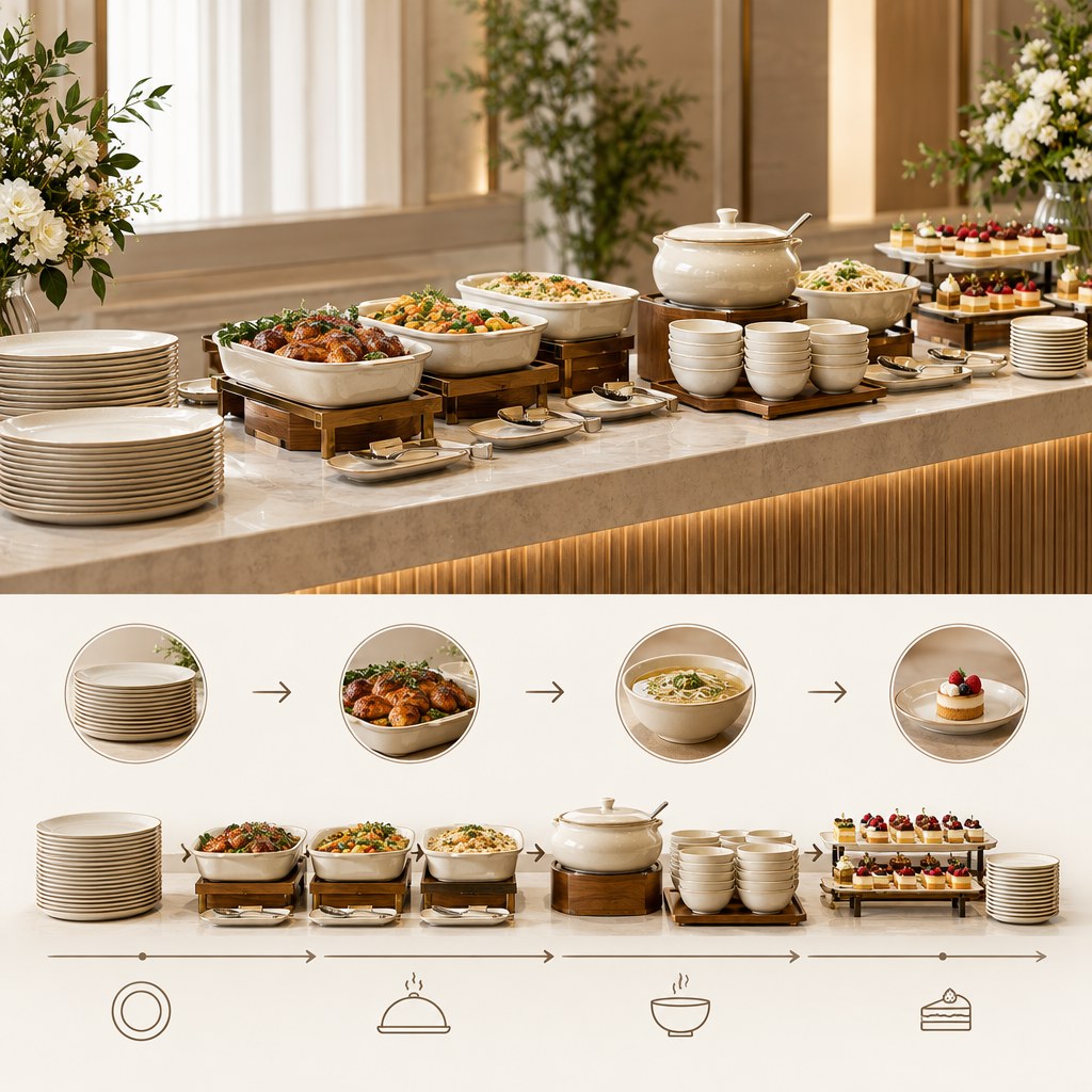 Alur penempatan piring prasmanan keramik, mangkok, dan piring dessert pada meja buffet