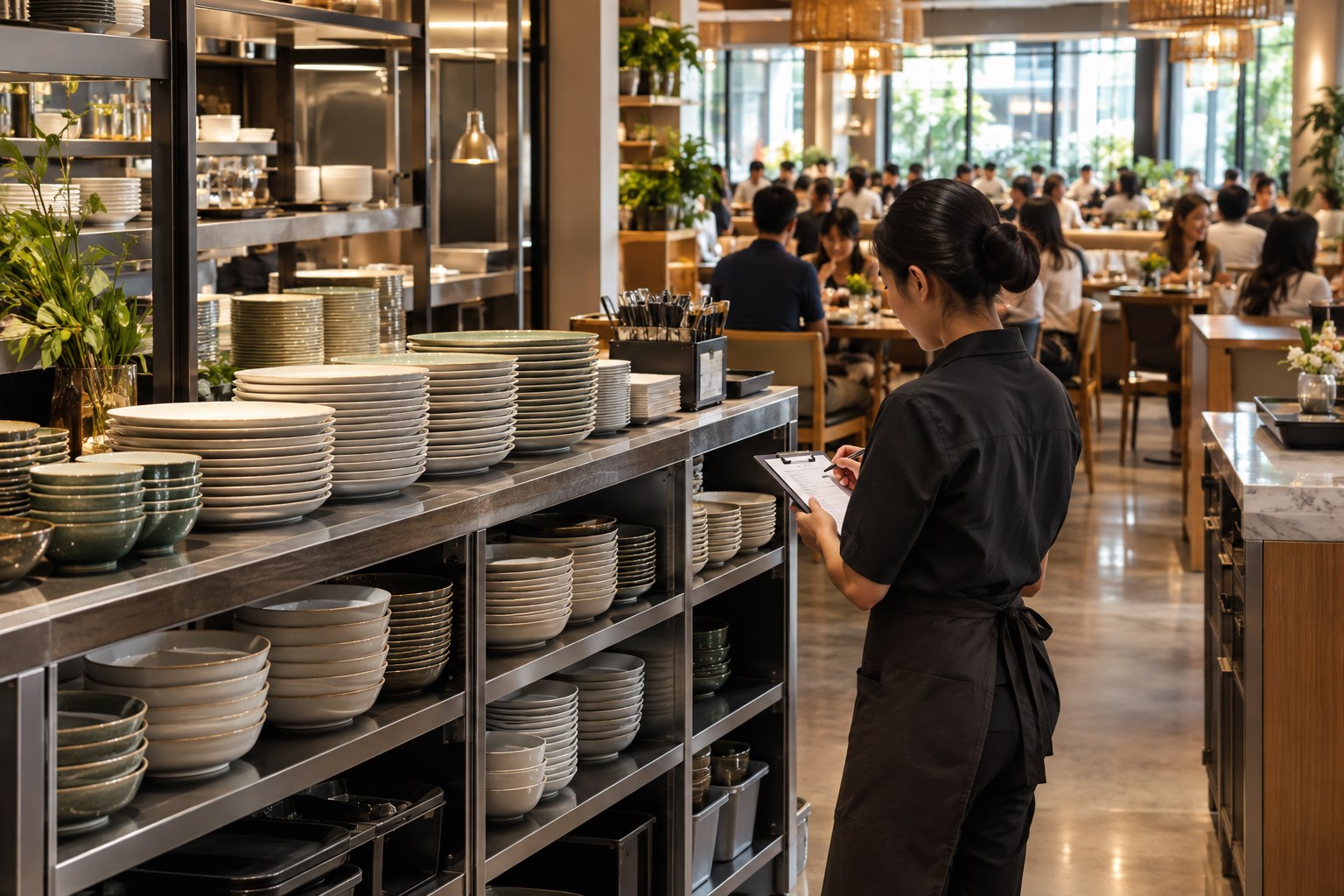 Stok tableware untuk cafe dengan susunan piring dan mangkok untuk operasional jam sibuk
