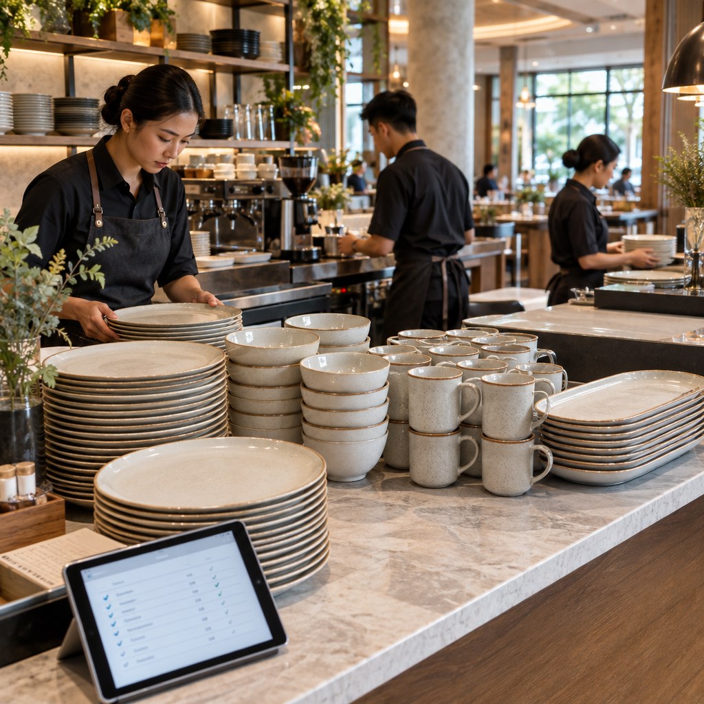 Penataan stok tableware cafe berdasarkan kategori sebelum jam sibuk